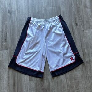 AND1 Mens Basketball Shorts Large White Navy Blue Red Colorblock Mesh Athletic